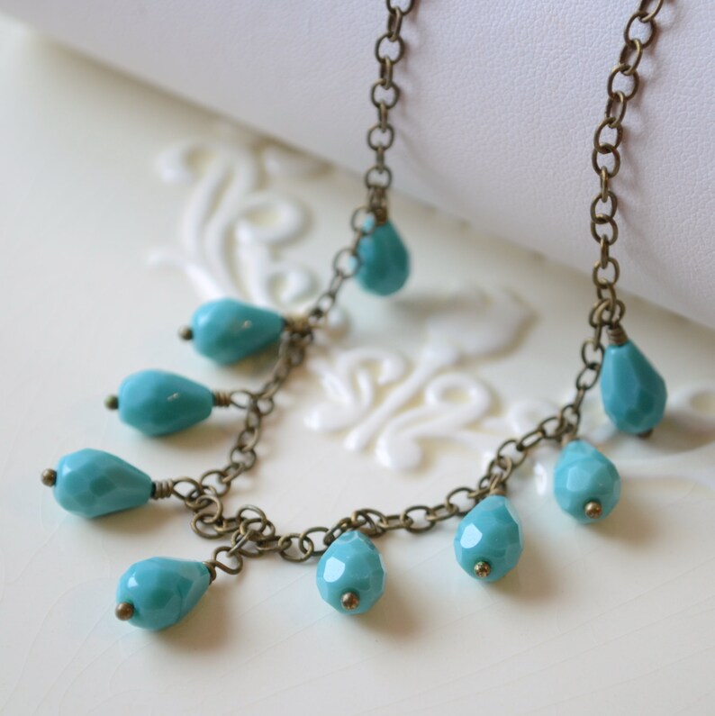 Bold Turquoise Necklace Antiqued Brass Chain Aqua Glass Etsy