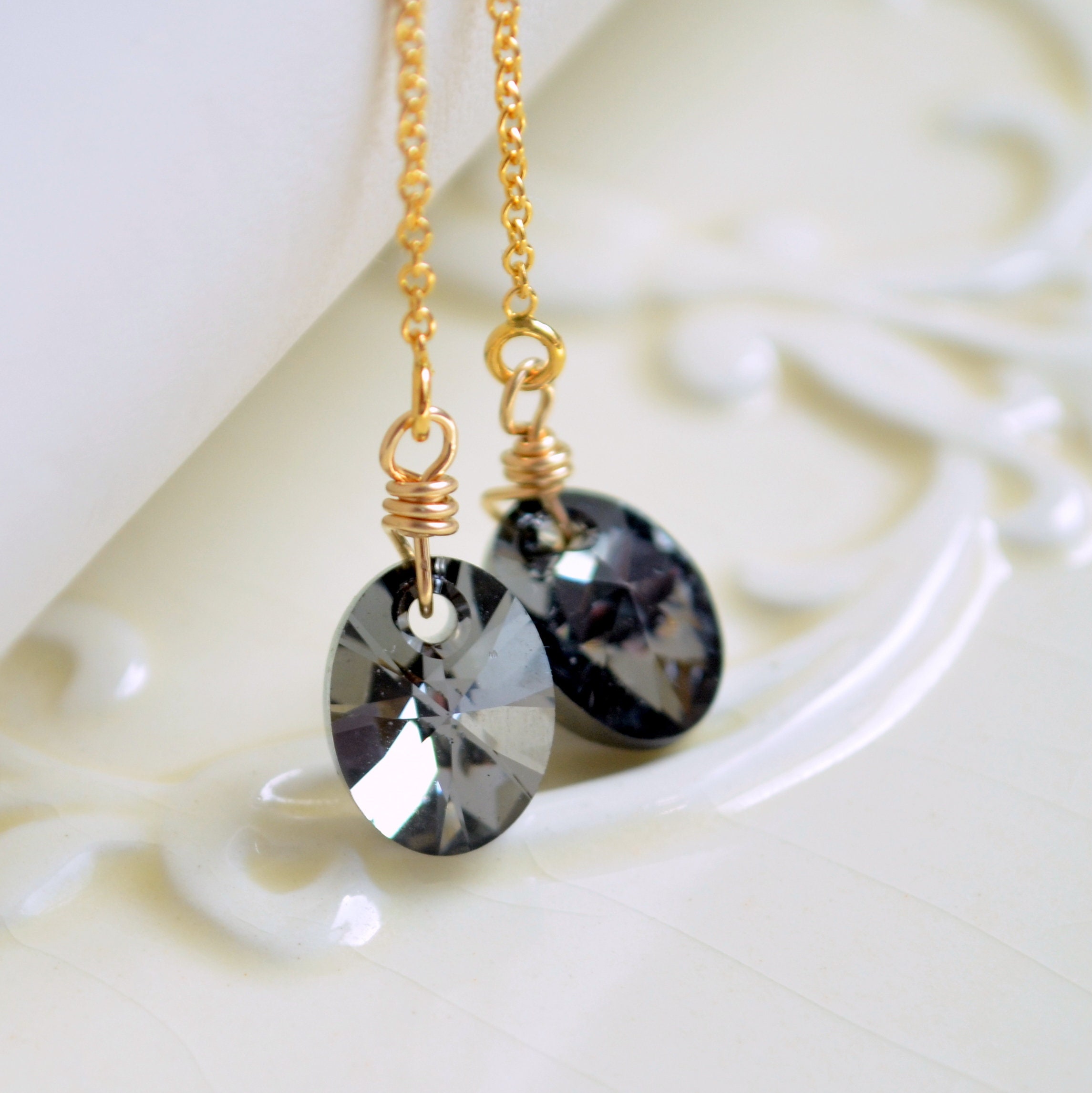 Black Crystal Earrings Threader Earrings Real Swarovski Etsy