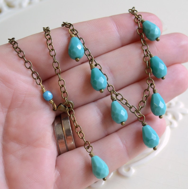 Bold Turquoise Necklace Antiqued Brass Chain Aqua Glass Etsy