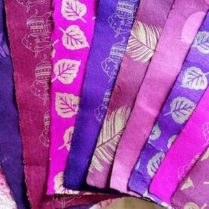 10 A5/A4 sheets Nepalese Lokta art/craft/collage textured paper, pink/purple colors, types & designs. Tree-free, hand made, eco-friendly.