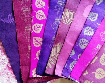 10 A5/A4 sheets Nepalese Lokta art/craft/collage textured paper, pink/purple colors, types & designs. Tree-free, hand made, eco-friendly.