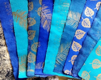 10 A5/A4 sheets Nepalese Lokta art/craft/collage textured paper, assorted blue colors, types & designs. Tree-free, hand made, eco-friendly.