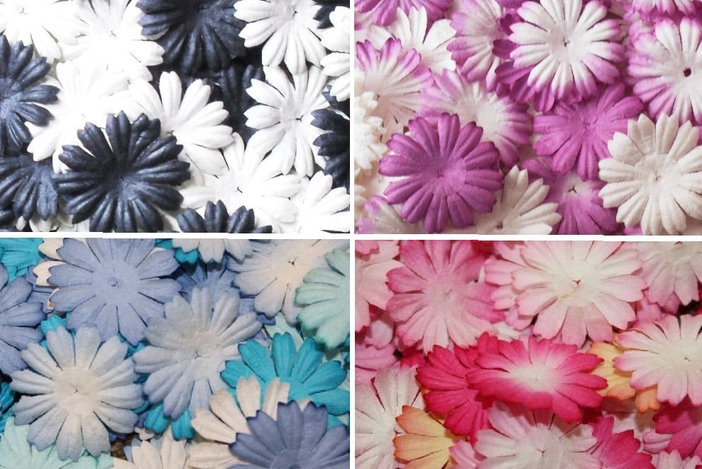 50 Mulberry Paper Flowers, Assorted Colours. 2.5cm Card Making