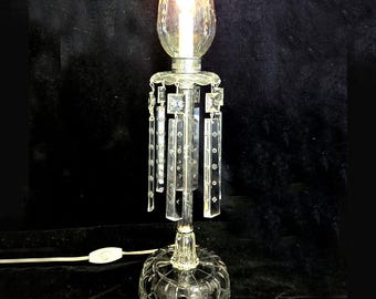 Vintage Crystal Hurricane Lamp: Floral Etched Glass, Hollywood Regency