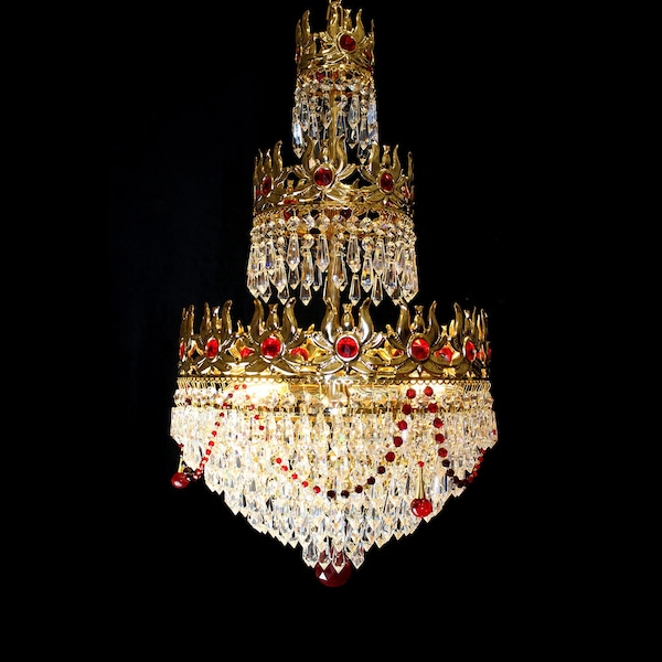 Vintage Italy 14" x 25" Red Crystal "Ring of Fire" 3 Light Chandelier 24Kt Gold Frame, Unique Elegant Design, One of a Kind Lighting