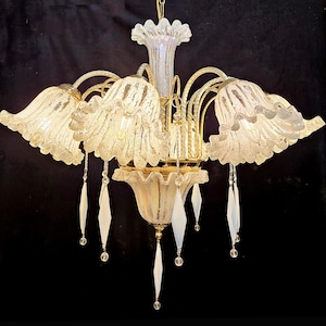 25" x 24" Murano Iridescent Art Glass Chandelier: 8 Lights 24kt Gold Frame, Opaline Crystals, Italian Luxury Lighting