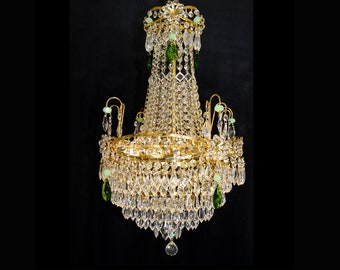 16"x 22"Vintage ITALY Emerald GREEN Crystal Chandelier 24kt Gold Frame 4 Lights Elegant Dining Room Bedroom Lighting