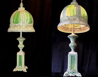 Rare, 41" Vintage 30's Green Slag Glass Boudoir Table Lamp, with Light in Base (2 LAMPS AVAILABLE)- Each Sold Separately