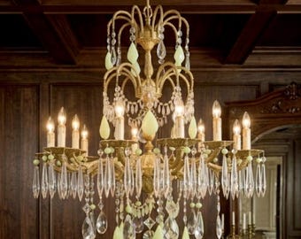 27" x 33" Vintage Green ALABASTER Chandelier: Brass, Crystals, Beads, Spain, 10 Lights, 1 of a Kind
