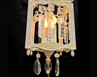 Shabby Chic Crystal Chandelier: Pink Floral Brass Lantern, Rewired