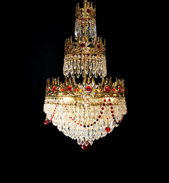 Vintage Italy 14" x 25" Red Crystal "Ring of Fire" 3 Light Chandelier 24Kt Gold Frame, Unique Elegant Design, One of a Kind Lighting