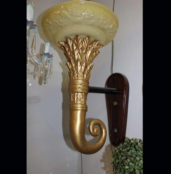 HUGE! 15" x 23" Gold, Torch Wall Sconce, Custard Cream Floral GLASS SHADE, Sconces, Lighting