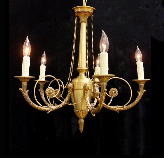 Elegant! 23" x 24" Vintage ITALY, BRONZE, 5 Light Chandelier, Beaded Accents, Fine European Lighting