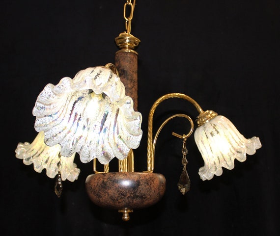 Elegant! 22" x 16" Vintage Italian MURANO Iridescent Art GLASS 3 Light Chandelier, Sparkling CRYSTALS, 24kt Gold & Brown Wood Frame