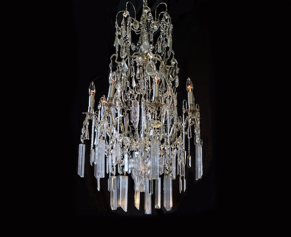 BIG! 24" x 42" Crystal Chandelier Vintage Art DECO Style 9 Lights Silver Frame, Italian Venini Glass Rods, 1 of a kind ART Chandelier