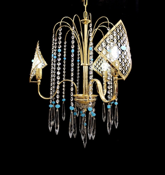 Vintage ITALY, Crystal & Turquoise Blue Bead, Waterfall Chandelier, 19" x 25"  Elegant 24kt Gold Frame, 3 Lights, Unique Style!