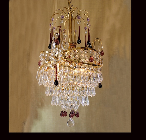 11 "x 18" Brass & Purple Crystal Chandelier, Vintage Italy, 3 Lights, Crystal Flowers, Gold Plated Frame