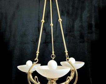 Vintage, Italy, 20" x 30" Pendant, 3 Light Chandelier, Frosted Glass Shades, Gold Rod Frame, Elegant Italian Lighting