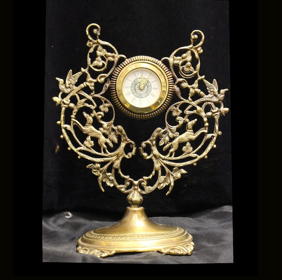 9" x 12" Vintage Brass Desk CLOCK Italian Baroque Rococo  Dogs Hunting Pheasants Ornate Design, Wind Up Clock