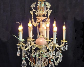 22" x 30" Vintage Pink Alabaster Crystal Bird Chandelier – Ornate Brass Art Lighting - 10 Lights