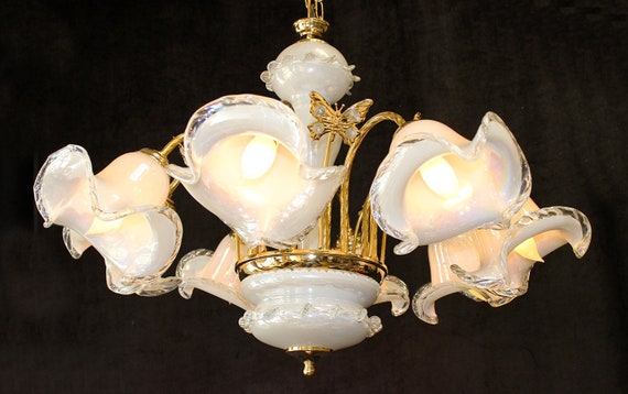 29" x 22 Big! 8 Light Vintage ITALY, MURANO Blown Glass & Crystal BUTTERFLIES Chandelier 24kt. Gold Frame Unique! Fine European Lighting