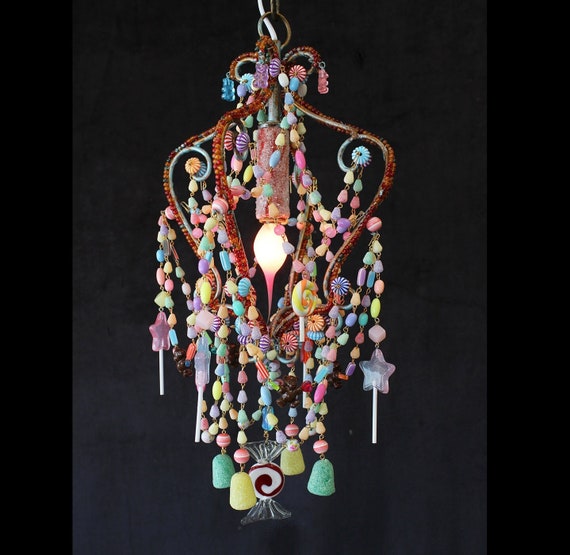 MINI "Candy Fantasy" ART Chandelier, 9" x 16"  1 light Murano Glass, Gumdrop Beads & Faux Candy/ Chocolate Teddys