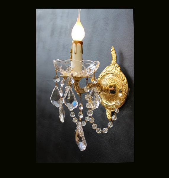 Vintage SPAIN, 4" x 9"  CRYSTAL, Beads, Bronze, GOLD Plated, 1 Light Sconce