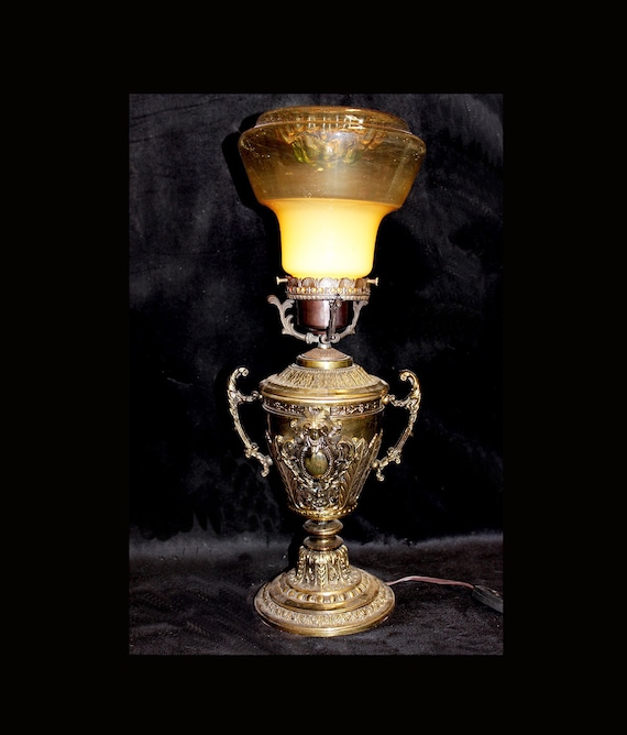 Vintage Italy, 9" x 21" Urn Table Lamp, Hand Blown Art Glass Shade, Ornate, Neo Classical, Vin De Siècle Style (2 Available)