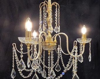 Vintage Italian Crystal Chandelier: 1970s Brass 3-Light Fixture
