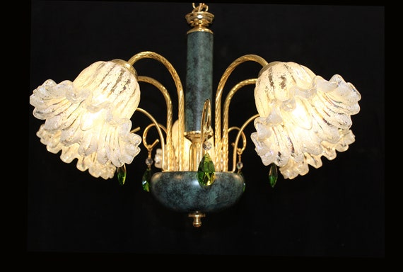 Gorgeous! 25" x 17" Vintage ITALY  MURANO Iridescent Art GLASS & Green Crystal Chandelier, Verde Green Frame,  5 Lights ,