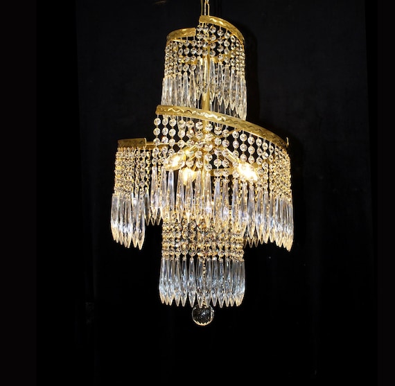 Unique! Vintage ITALY 16" x 28" CRYSTAL 3 Light Chandelier 24Kt GOLD Frame, Fine Contemporary Lighting Décor