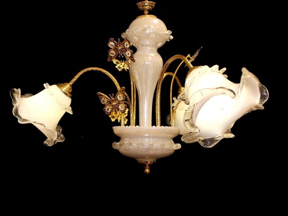 RARE! 27" x 20" Vintage Italy,  MURANO Glass Chandelier, Crystal Golden BUTTERFLIES,  3 Lights  24kt. Gold Frame, Fine Italian Lighting