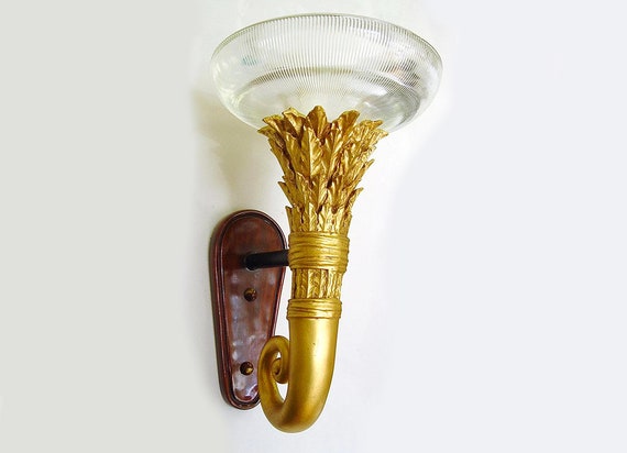 HUGE! 15" x 23" Gold, Torch Wall Sconce, Elegant! , Heavy, Ribbed REFLECTIVE GLASS Shade
