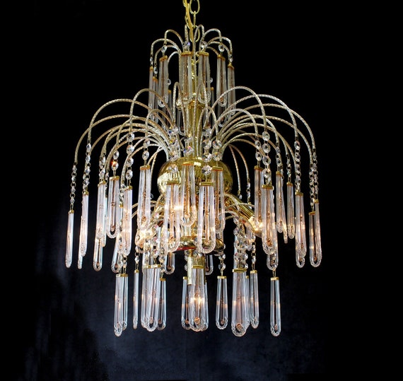 Rare! VINTAGE MURANO Glass WATERFALL Chandelier 18" x 24" Italy, Hand Blown Pink floral Glass Rods,  24kt Gold Plated Frame