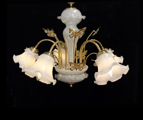 MURANO Glass Chandelier, 20" x 26" Vintage ITALY,  5 Lights, Iridescent Glass, Crystal BUTTERFLIES, 24kt. Gold Frame, Elegant Fine Lighting!