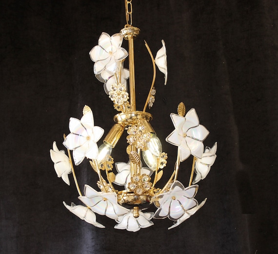 18" x 23" MURANO Glass, Vintage ITALY Chandelier, 3 Lights, Iridescent Blown Glass Flowers, Crystal Floral Accents, 24 KT  Gold Frame