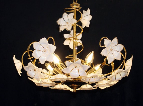 Vintage Italy, 20" x 24"  White MURANO Iridescent GLASS Flower, 24kt Golden Swirl Frame, 5 Light Chandelier, Fine Home Décor, Mint Condition