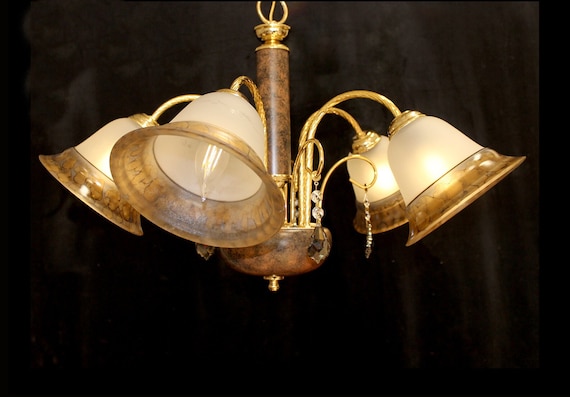 Exquisite! Vintage ITALY,  27" x 17"  Crystal & WOOD Frosted Glass Shade Chandelier,  5 Lights, Elegant Lighting!