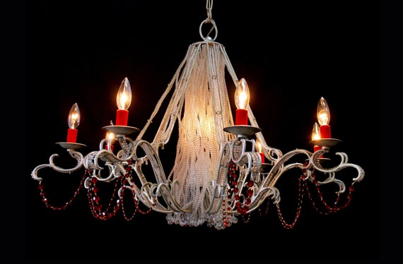 Big! 36" x 24" Unique! RED Crystal Bead Chandelier 9 lights Wrought Iron, Antique Silver Frame, Bold Red Czech Bead Accents!