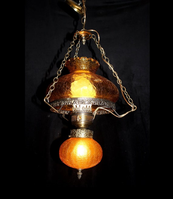 80's Vintage 15" x 24" Hanging Hurricane Ceiling Light Lamp, Chandelier, 2 Lights, Crackled Amber Design