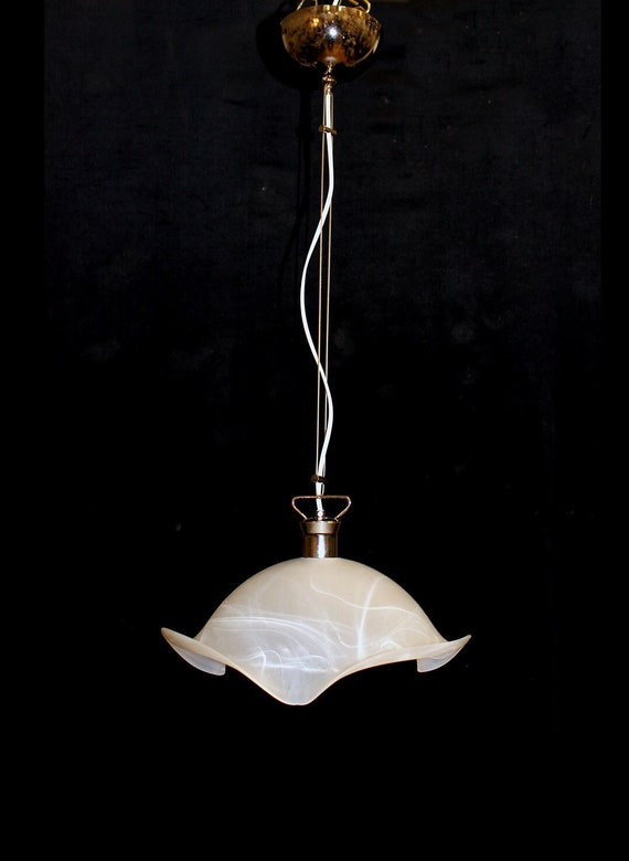 Rare! Vintage ITALY MURANO Pendant Light, 15" x 36" Swirl Glass 1 Light, Contemporary Lighting, Silver Accents