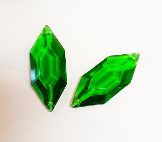 2 PIECES,  3" Green Crystal, Vintage 40's 2 hole Prism, Chandelier Parts, Rare!