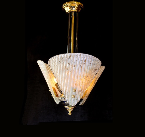 13" x 22" Vintage ITALY  Exquisite! MURANO Artisan Glass 3 Light Chandelier -Gunmetal & 24kt Gold Frame Modern Contemporary Fine Lighting