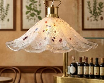 14" x 8"  Vintage Italy 70s Murano Glass Millefiori Pendant Light :  Hand-Blown Art Glass Scalloped Frill Chandelier