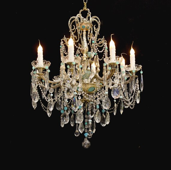 Spectacular! 28"x 36" Vintage Crystal "Blue Bird" ART Chandelier, 8 Lights Bronze Antique Silver Frame,  Blue Beads One of a Kind