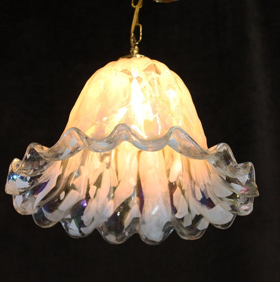 Vintage Italy, Murano Art Glass  Fluted Bell Chandelier, 3" x 10"  Gold Frame, 1 Light Pendant, Swag or Hardwire Option, 3  Available