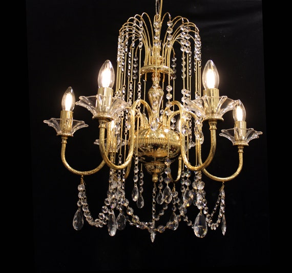 Elegant! Vintage ITALY 23" x 23 " CRYSTAL WATERFALL Chandelier, 6 Lights, Gold Rods & Clear Crystals, 24kt Gold Frame