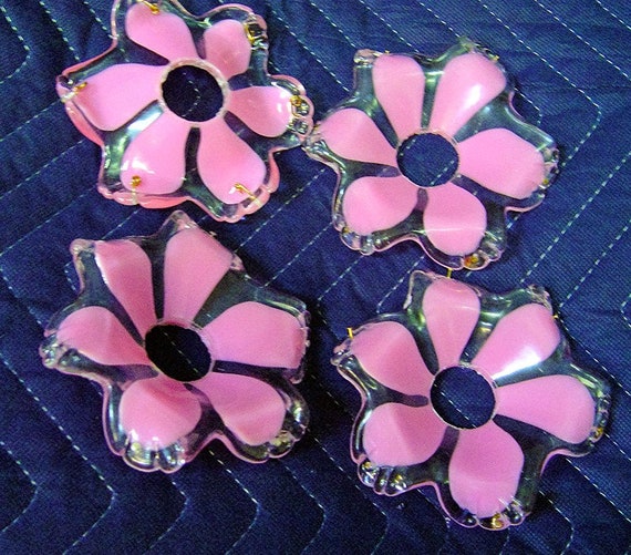 4 PIECES - 4 1/2" BOBECHES 1" HOLE, 6 Gold Pins, Vintage, Pink Lucite Flower, Chandelier, Lighting Accessories,  Project Craft Supplies