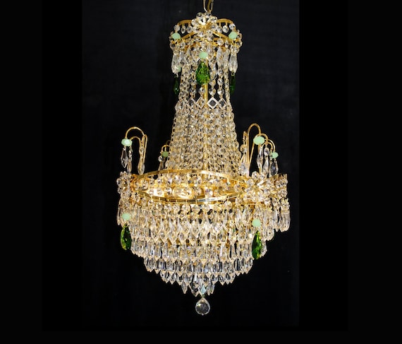 16"x 22"Vintage ITALY Emerald GREEN Crystal Chandelier 24kt Gold Frame 4 Lights Elegant Dining Room Bedroom Lighting