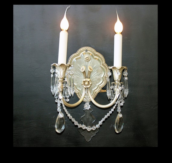 Antique, 1920's Art Deco -Nouveau, Crystal, Bead, SILVER SCONCE, 9 1/2" x 13"  Egyptian Revival, 2 Light